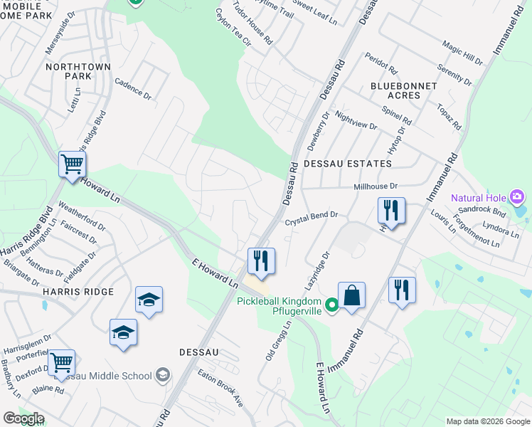 map of restaurants, bars, coffee shops, grocery stores, and more near 13700 Dessau Road in Pflugerville
