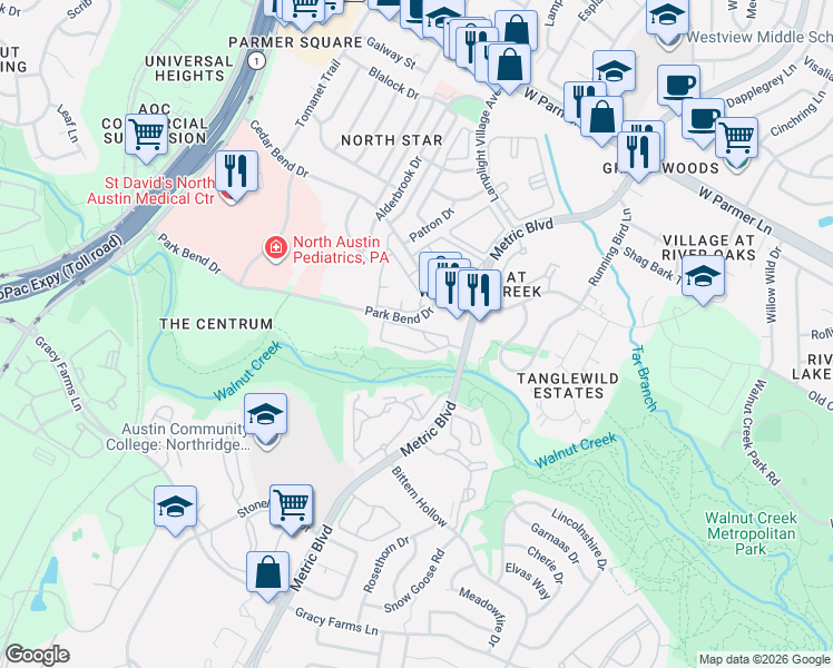 map of restaurants, bars, coffee shops, grocery stores, and more near 2000 Park Bend Drive in Austin