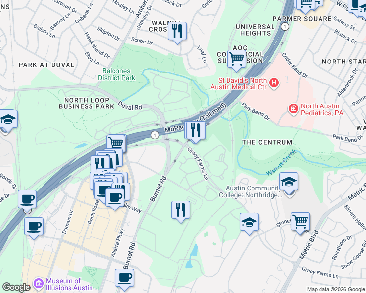map of restaurants, bars, coffee shops, grocery stores, and more near 12012 Mopac Service Road in Austin