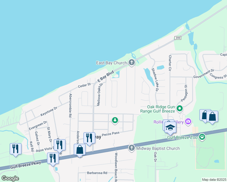 map of restaurants, bars, coffee shops, grocery stores, and more near 1745 Bay Pine Circle in Gulf Breeze
