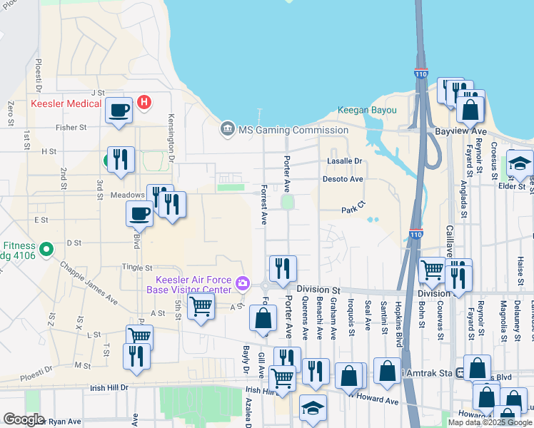 map of restaurants, bars, coffee shops, grocery stores, and more near 381-383 Forrest Avenue in Biloxi