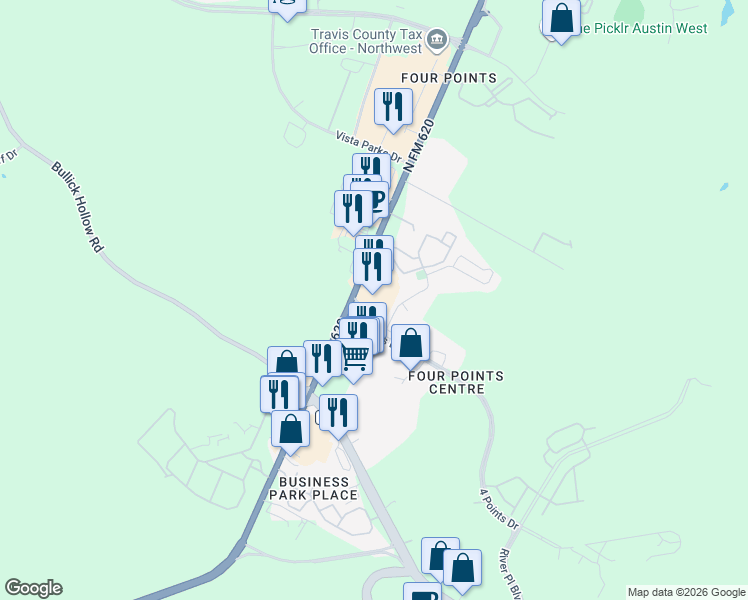 map of restaurants, bars, coffee shops, grocery stores, and more near 7409 North FM 620 in Austin