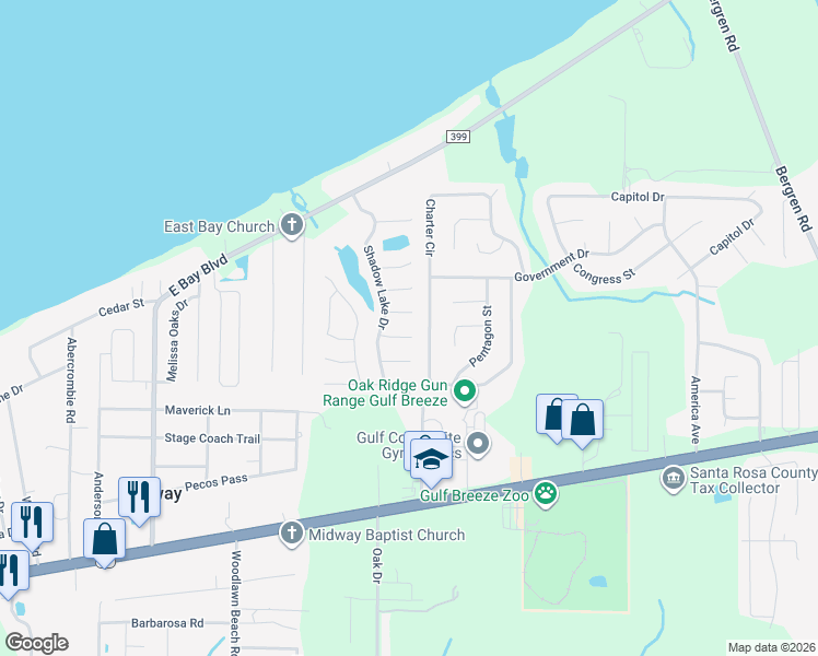 map of restaurants, bars, coffee shops, grocery stores, and more near 5590 Meadow Creek Place in Gulf Breeze
