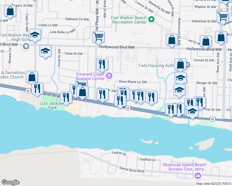 map of restaurants, bars, coffee shops, grocery stores, and more near 222 Coral Drive Southwest in Fort Walton Beach