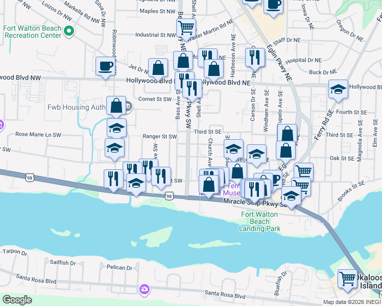 map of restaurants, bars, coffee shops, grocery stores, and more near 110A Beal Parkway Southwest in Fort Walton Beach