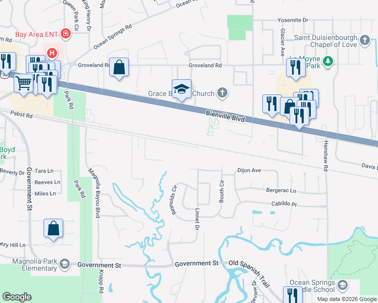 map of restaurants, bars, coffee shops, grocery stores, and more near 3067-3099 Pabst Road in Ocean Springs
