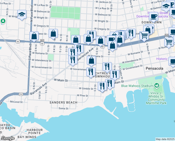 map of restaurants, bars, coffee shops, grocery stores, and more near 351 South E Street in Pensacola