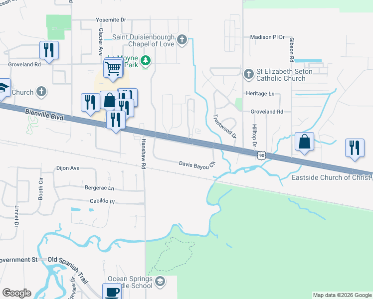 map of restaurants, bars, coffee shops, grocery stores, and more near 4123-4125 Bienville Boulevard in Ocean Springs