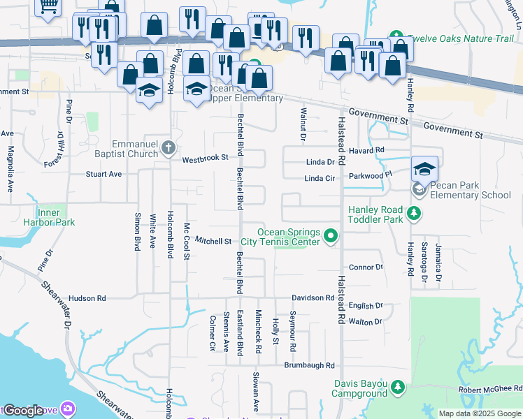 map of restaurants, bars, coffee shops, grocery stores, and more near 227 Audrey Circle in Ocean Springs