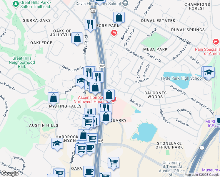 map of restaurants, bars, coffee shops, grocery stores, and more near 11149 Research Boulevard in Austin