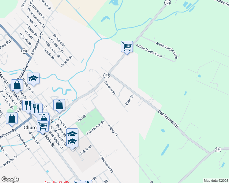 map of restaurants, bars, coffee shops, grocery stores, and more near 336-584 South Henry Street in Church Point