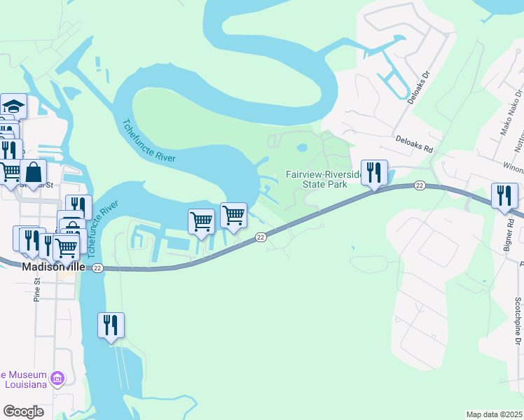 map of restaurants, bars, coffee shops, grocery stores, and more near 189 Louisiana 22 in Madisonville