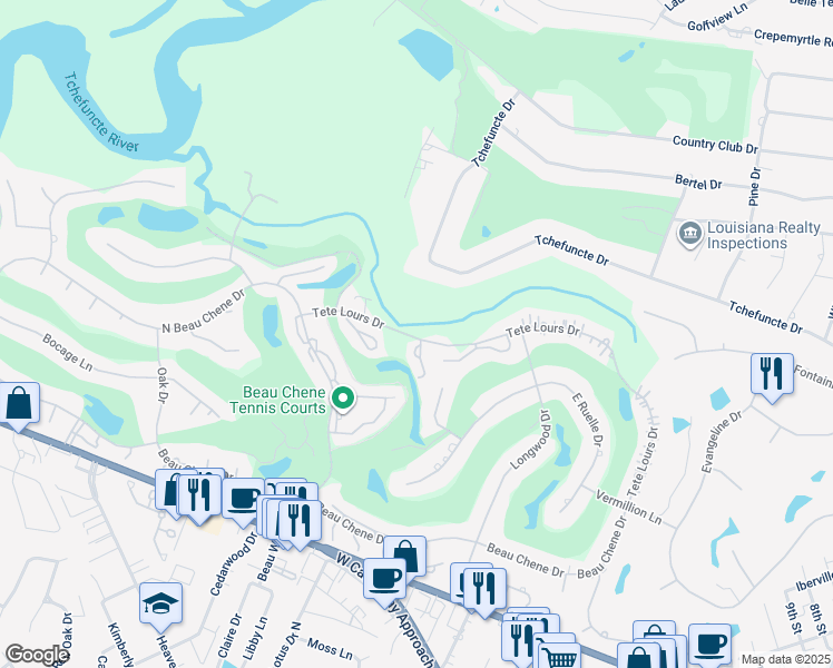 map of restaurants, bars, coffee shops, grocery stores, and more near 640 Tete L'Ours Drive in Mandeville