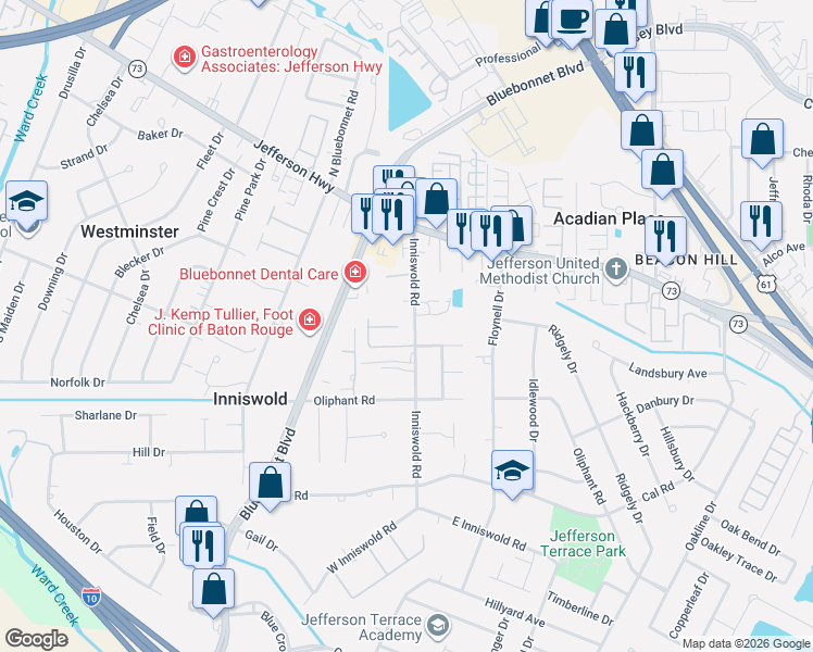 map of restaurants, bars, coffee shops, grocery stores, and more near 4560 Inniswold Road in Baton Rouge