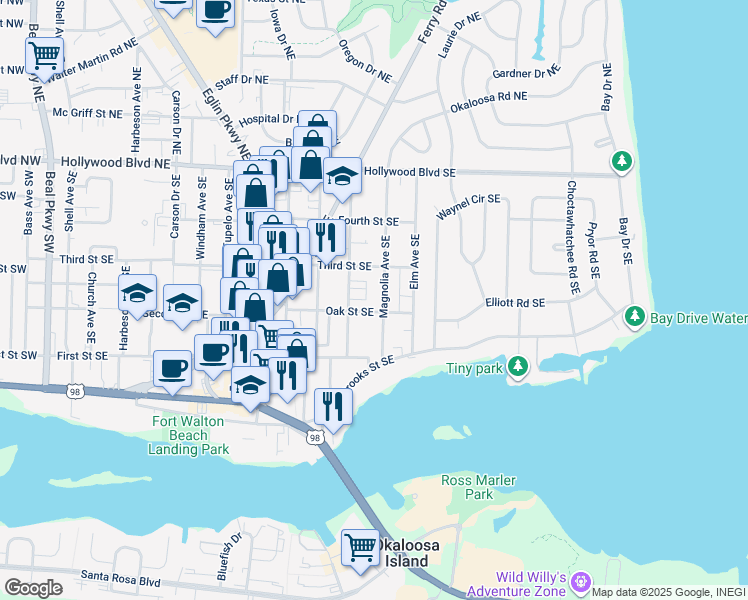 map of restaurants, bars, coffee shops, grocery stores, and more near 116 Magnolia Avenue Southeast in Niceville