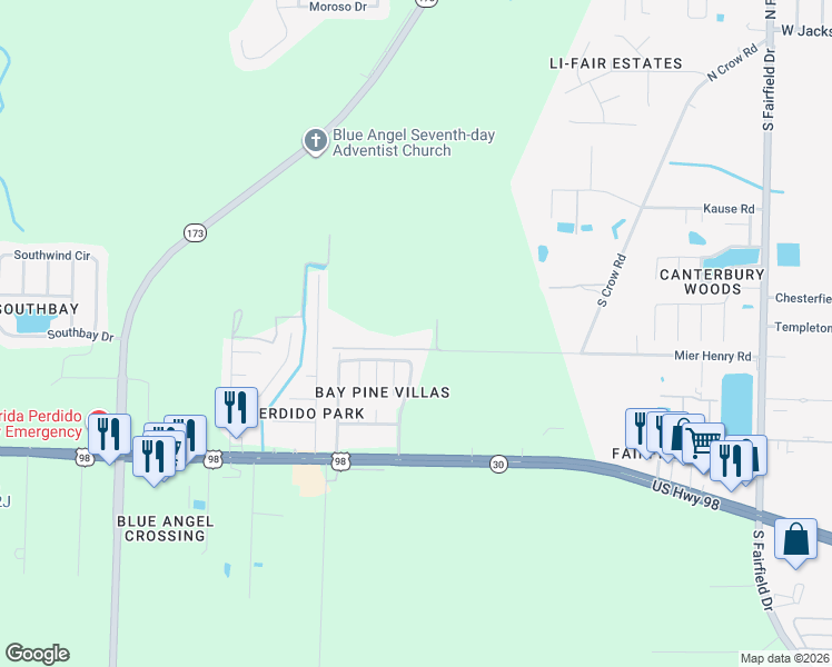 map of restaurants, bars, coffee shops, grocery stores, and more near 395 Mier Henry Lane in Pensacola