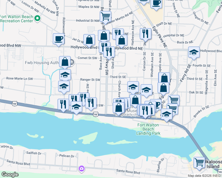 map of restaurants, bars, coffee shops, grocery stores, and more near 110A Beal Parkway Southwest in Fort Walton Beach