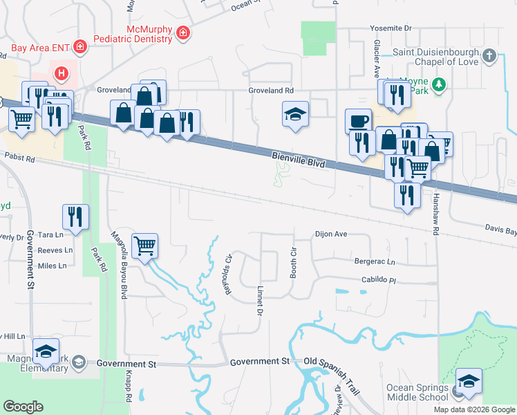 map of restaurants, bars, coffee shops, grocery stores, and more near 3067-3099 Pabst Road in Ocean Springs