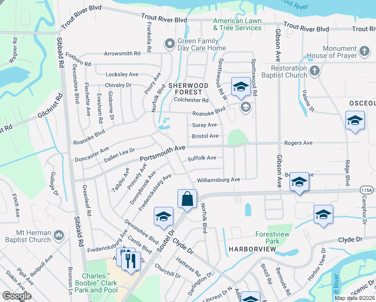 map of restaurants, bars, coffee shops, grocery stores, and more near 4705 Portsmouth Avenue in Jacksonville