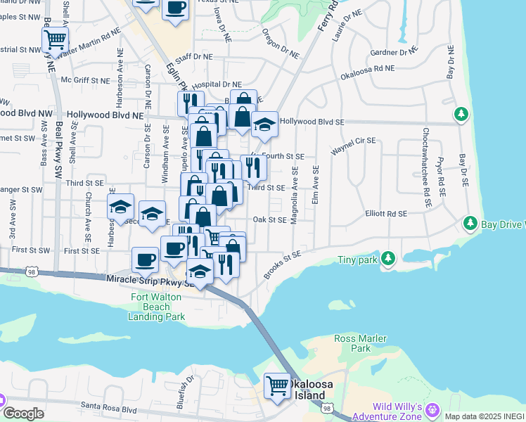 map of restaurants, bars, coffee shops, grocery stores, and more near 116 Alder Avenue Southeast in Fort Walton Beach