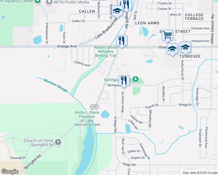 map of restaurants, bars, coffee shops, grocery stores, and more near 2619 Springhill Road in Tallahassee