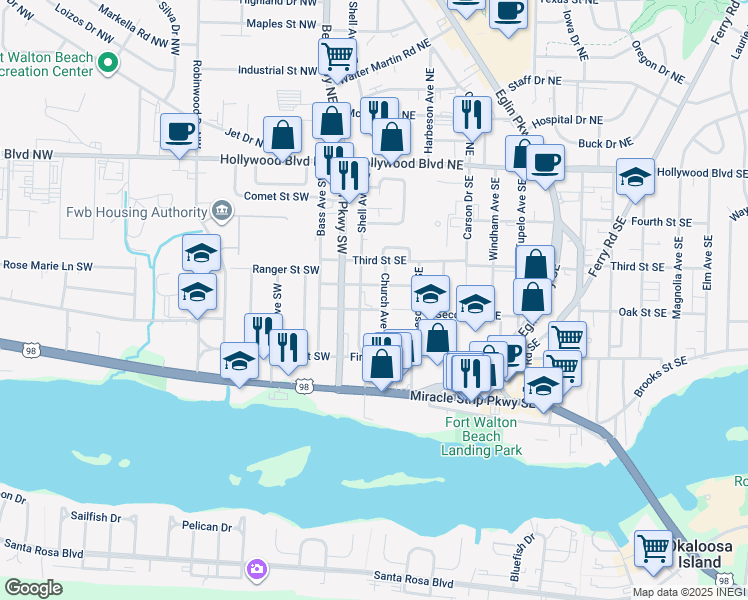 map of restaurants, bars, coffee shops, grocery stores, and more near 115 Shell Avenue Southeast in Fort Walton Beach