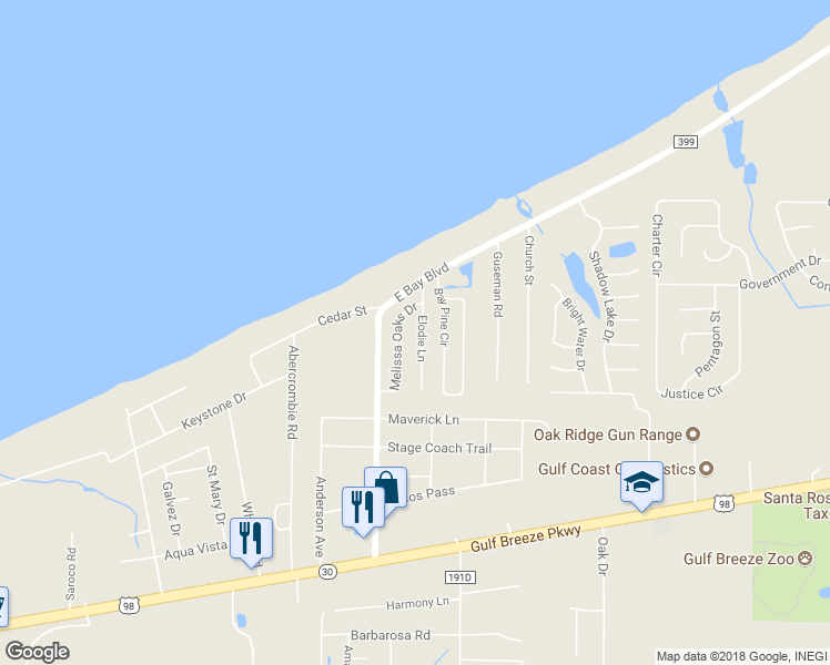 map of restaurants, bars, coffee shops, grocery stores, and more near 1939 Elodie Lane in Gulf Breeze