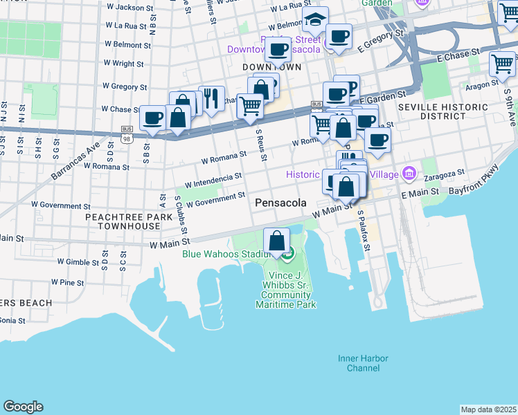 map of restaurants, bars, coffee shops, grocery stores, and more near 320 West Zarragossa Street in Pensacola