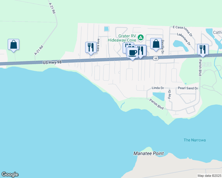 map of restaurants, bars, coffee shops, grocery stores, and more near 464 Parish Boulevard in Mary Esther