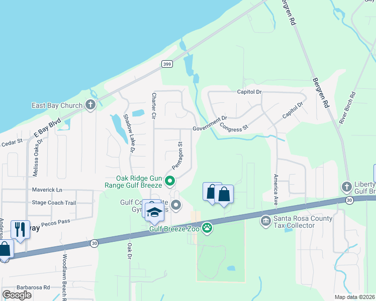 map of restaurants, bars, coffee shops, grocery stores, and more near 1990 Pentagon Street in Gulf Breeze