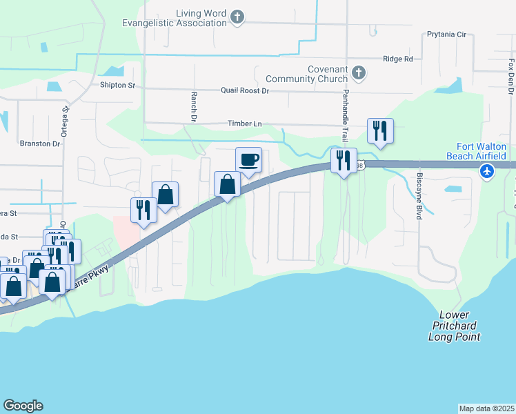 map of restaurants, bars, coffee shops, grocery stores, and more near 2032 Fontainebleau Court in Navarre