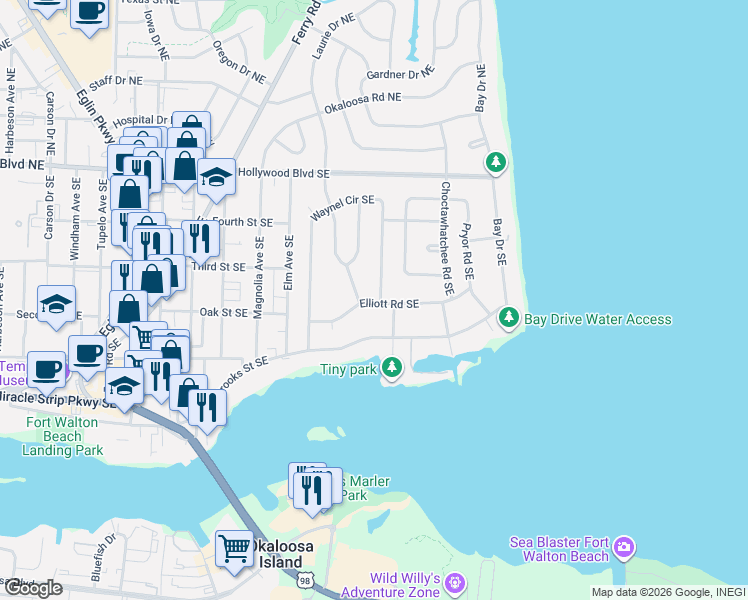 map of restaurants, bars, coffee shops, grocery stores, and more near 6 Waynel Circle Southeast in Fort Walton Beach