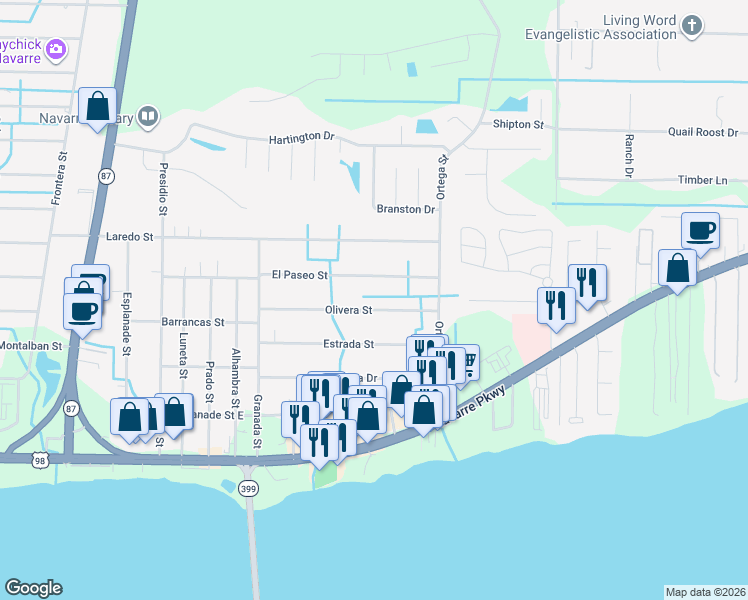 map of restaurants, bars, coffee shops, grocery stores, and more near 8733 El Paseo Street in Navarre