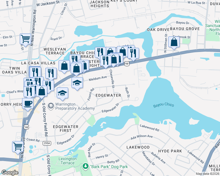 map of restaurants, bars, coffee shops, grocery stores, and more near 214 Frisco Road in Pensacola