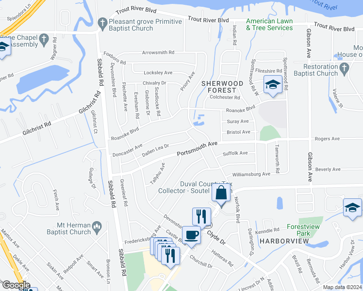 map of restaurants, bars, coffee shops, grocery stores, and more near 4832 Dallen Lea Drive in Jacksonville