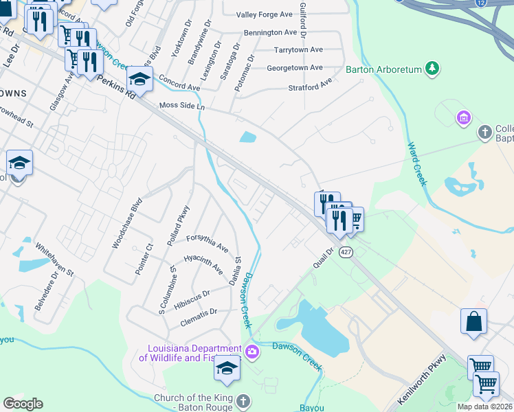 map of restaurants, bars, coffee shops, grocery stores, and more near 61 Brent Court in Baton Rouge