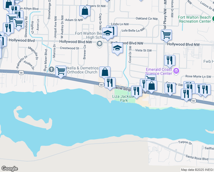 map of restaurants, bars, coffee shops, grocery stores, and more near 1515 Miracle Strip Parkway in Fort Walton Beach