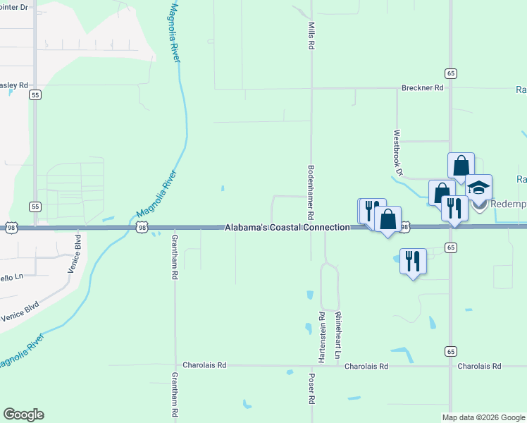 map of restaurants, bars, coffee shops, grocery stores, and more near 17277 US Highway 98 in Foley