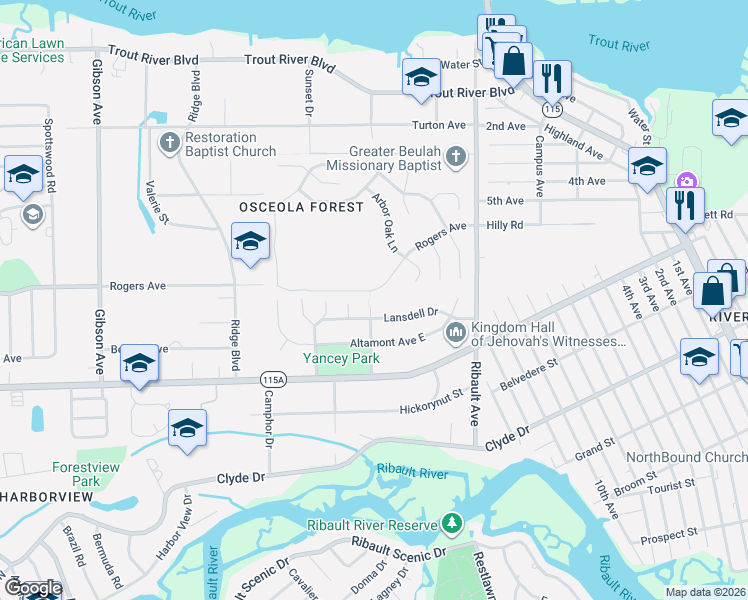 map of restaurants, bars, coffee shops, grocery stores, and more near 3151 Rogers Avenue in Jacksonville