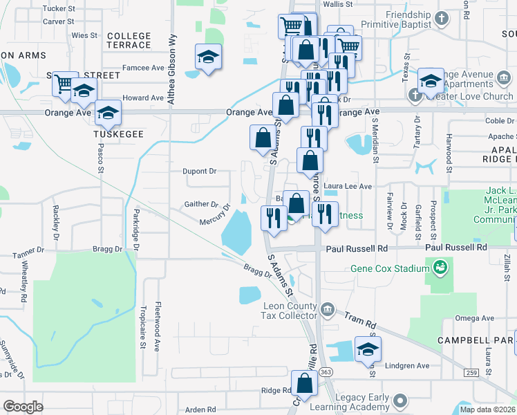 map of restaurants, bars, coffee shops, grocery stores, and more near 3000 South Adams Street in Tallahassee