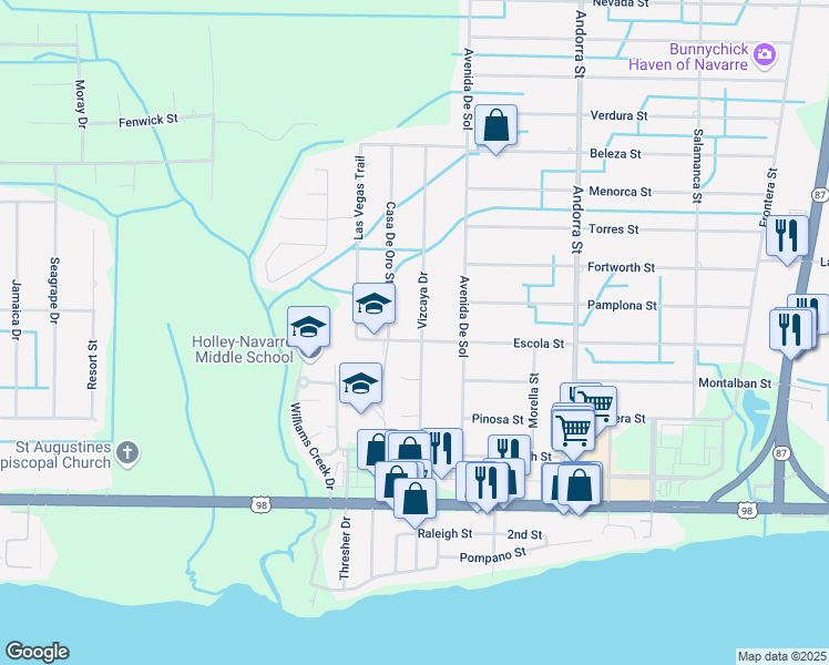 map of restaurants, bars, coffee shops, grocery stores, and more near 2007 Vizcaya Drive in Navarre