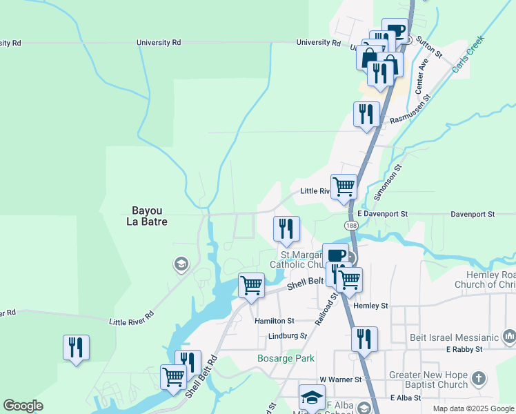map of restaurants, bars, coffee shops, grocery stores, and more near 8980 Little River Road in Bayou La Batre
