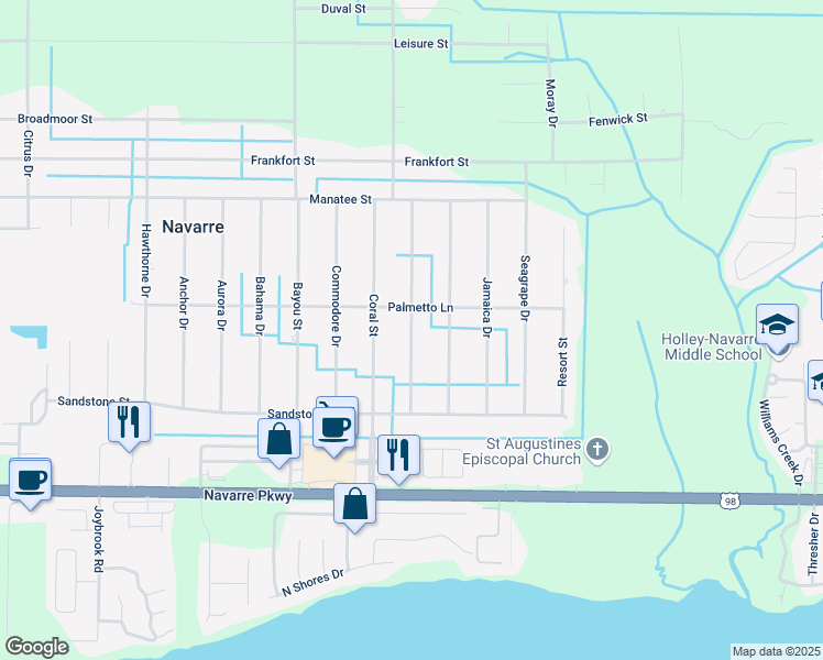 map of restaurants, bars, coffee shops, grocery stores, and more near 1955 Everglades Street in Navarre