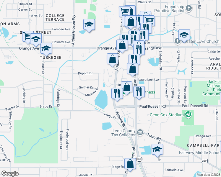 map of restaurants, bars, coffee shops, grocery stores, and more near 3000 South Adams Street in Tallahassee