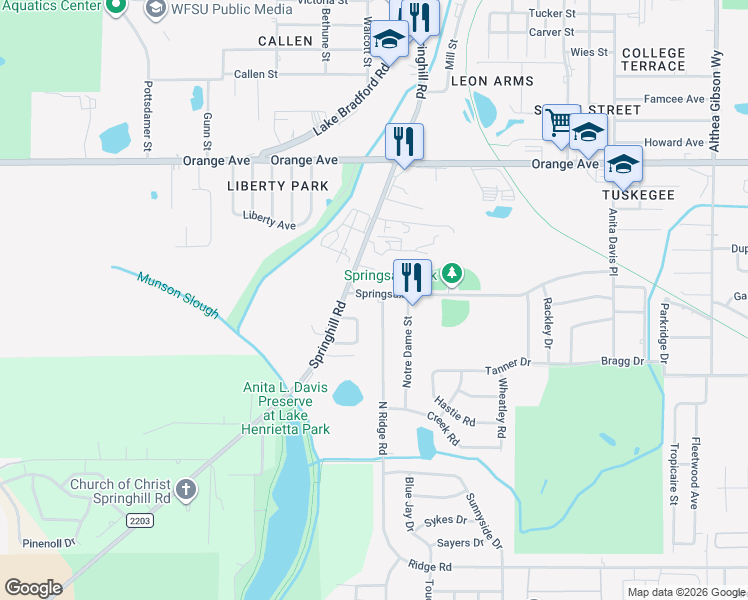 map of restaurants, bars, coffee shops, grocery stores, and more near 2619 Springhill Road in Tallahassee