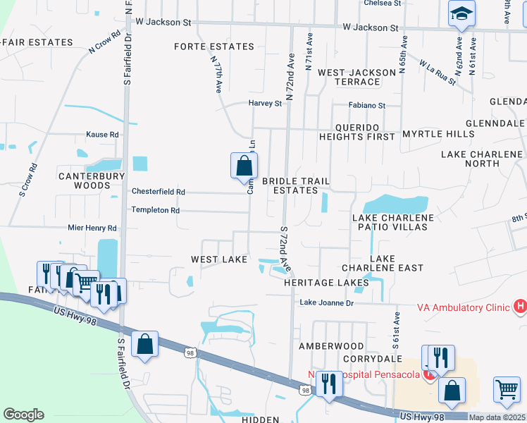 map of restaurants, bars, coffee shops, grocery stores, and more near 325 South 73rd Avenue in Pensacola