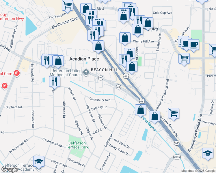 map of restaurants, bars, coffee shops, grocery stores, and more near 11011 Cal Road in Baton Rouge