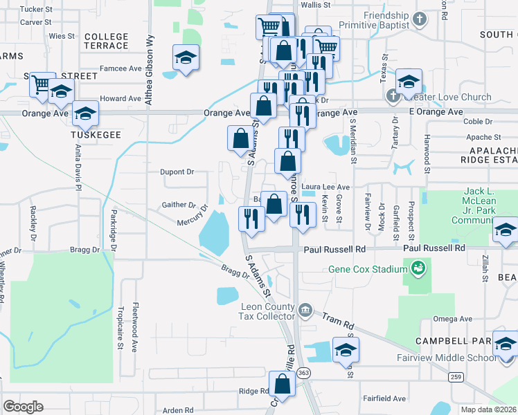 map of restaurants, bars, coffee shops, grocery stores, and more near 65 Bass Street in Tallahassee
