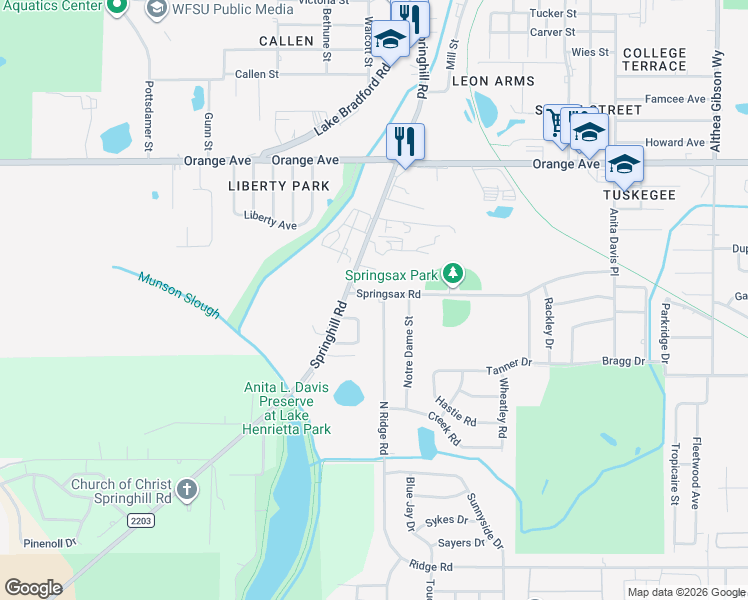 map of restaurants, bars, coffee shops, grocery stores, and more near 2619 Springhill Road in Tallahassee