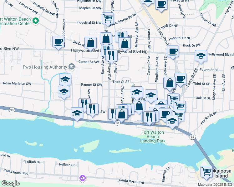 map of restaurants, bars, coffee shops, grocery stores, and more near 115 Shell Avenue Southeast in Fort Walton Beach